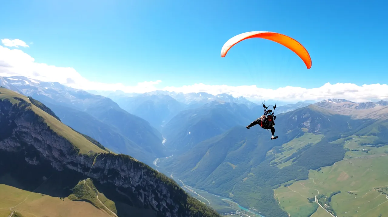 terrain montagneux, envolée parapente, vue à couper le souffle, ascension palpitante, danse aérienne dynamique, aventure dans le ciel bleu, ruée vers l'adrénaline, vues captivantes d'en haut, fond de la nature pour l'exaltation