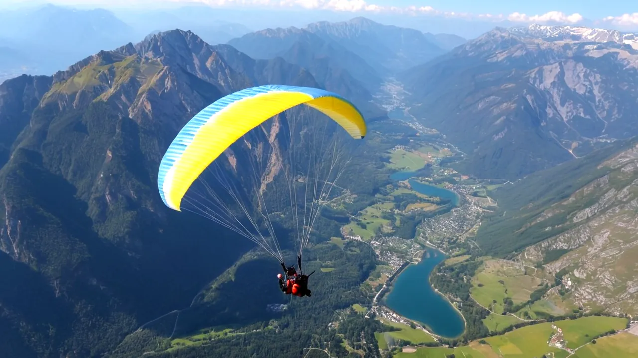 Passionnés d'aventure en plein air, pilotes de parapente, paysages à couper le souffle, survolant les montagnes, courants thermiques en action, expérience remplie d'adrénaline, sensation unique d'initiation au vol, couleurs vives et motifs sur le tissu aile, fond de ciel ensoleillé