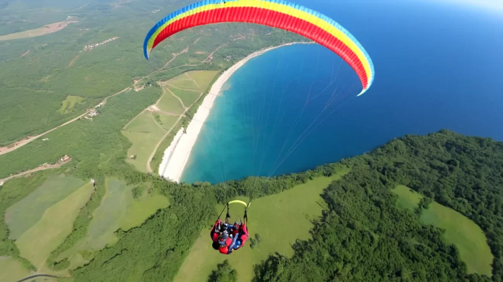 Parapente montant haut au-dessus de paysages luxuriants