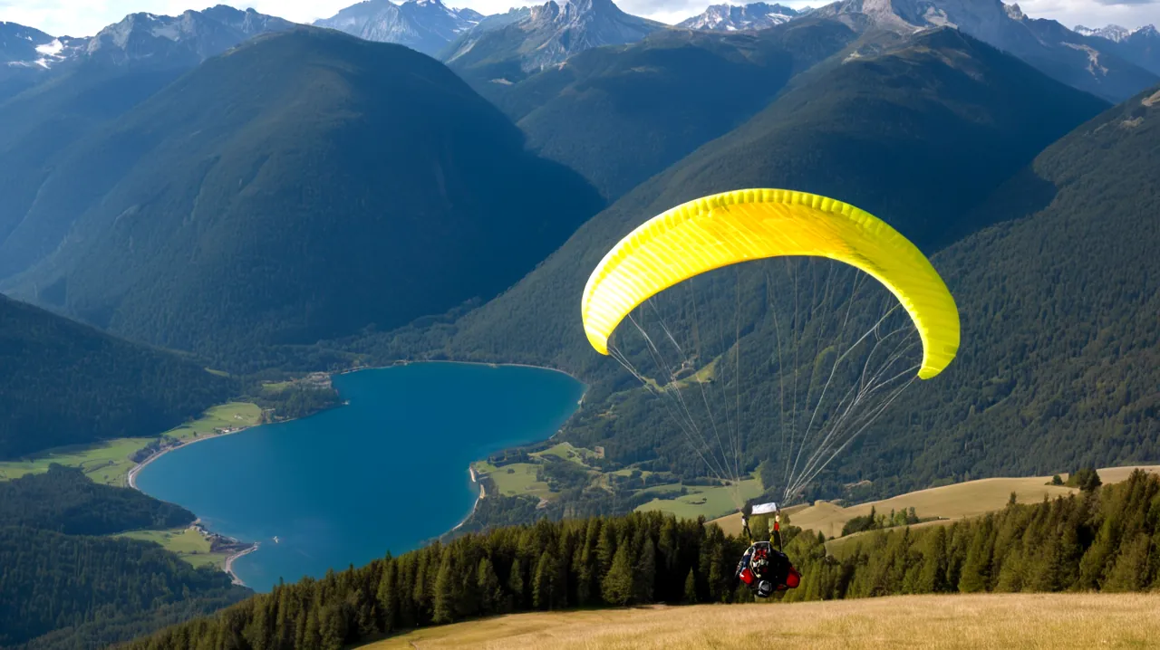 parapente harnais, tissus colorés, équipement extérieur, posture aventureuse, matériaux légers, détails techniques, considérations budgétaires, processus de sélection d'ailes, prix variables, indicateurs de qualité, représentation de l'âge du modèle, étiquettes de certification, accessoires de sport aérien