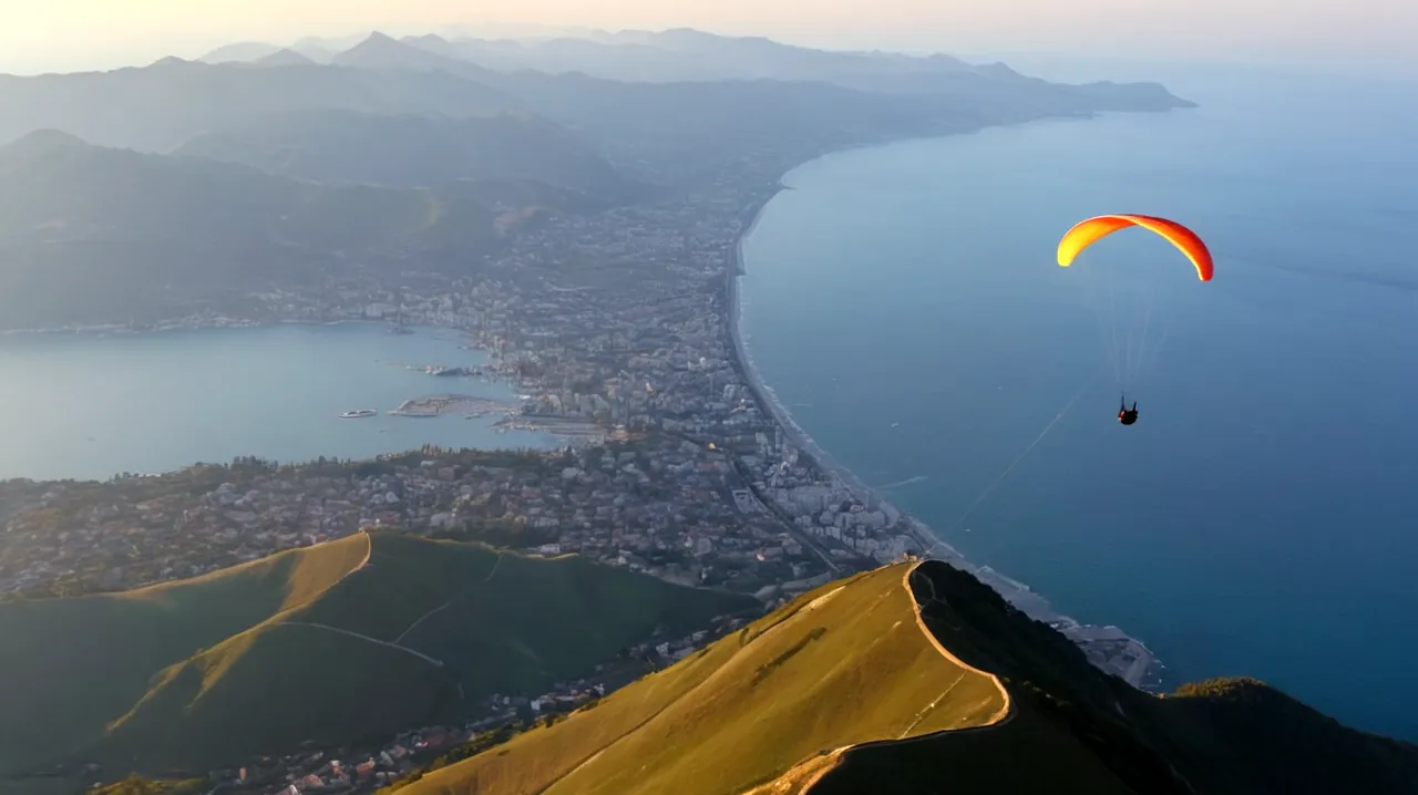 silhouette de parapente en vol, fond scintillant le lever du soleil, variété de voiles de parapente affichés, étiquettes de prix visibles, divers modèles d'aile avec des conditions et des approbations variables, parapente enthousiaste naviguant sur l'horizon