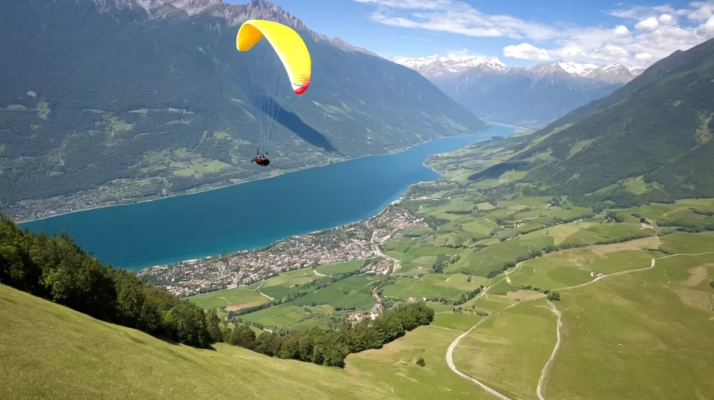 Parapente s'élevant au-dessus d'un paysage pittoresque