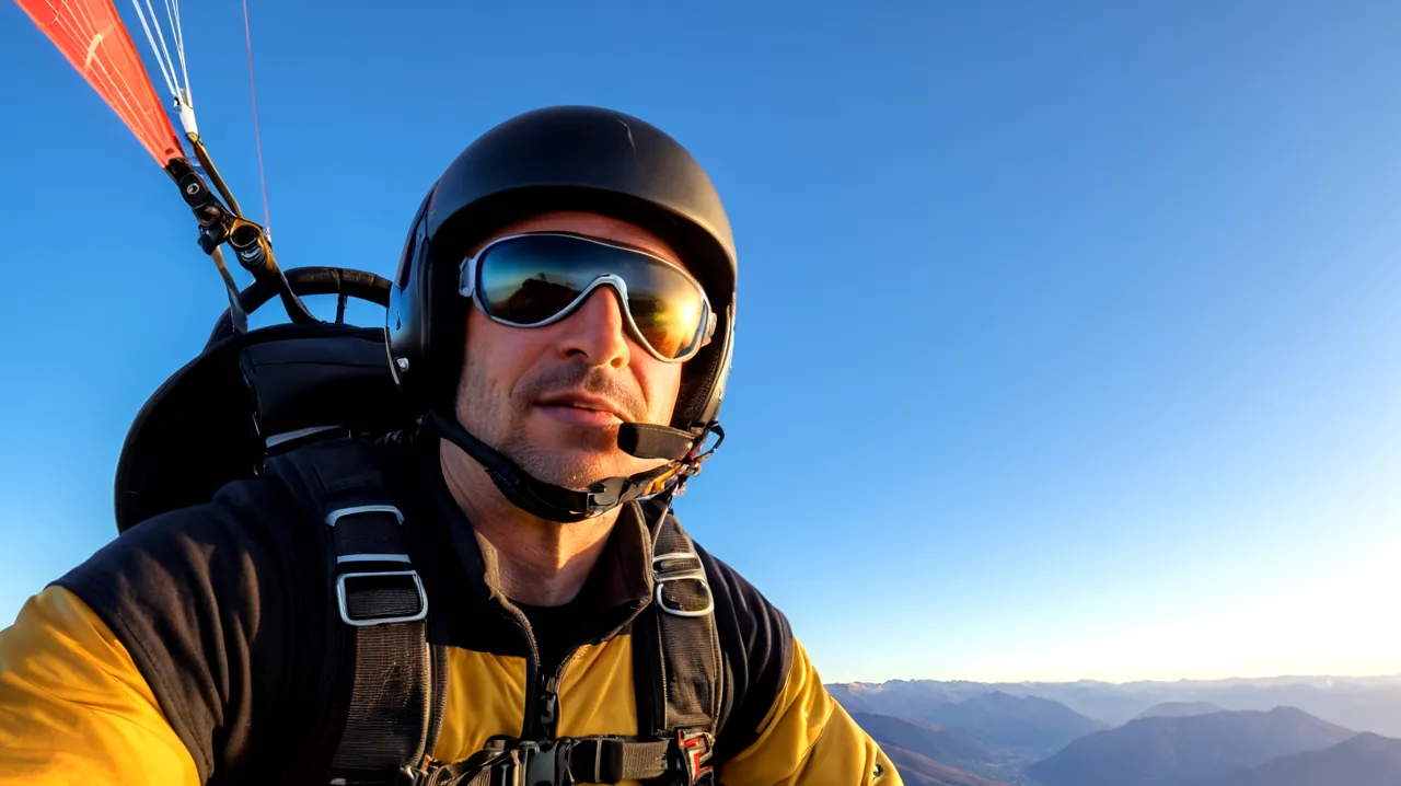 Parapente avancé en mi-vol, fond ciel bleu, lever du soleil sur la chaîne de montagnes, pilote expérimenté regardant vers l'extérieur avec confiance, document de brevet visible à l'écran, équipement d'entraînement et outils d'aviation affiché en évidence, diagramme de progression de carrière réussie illustrant les jalons