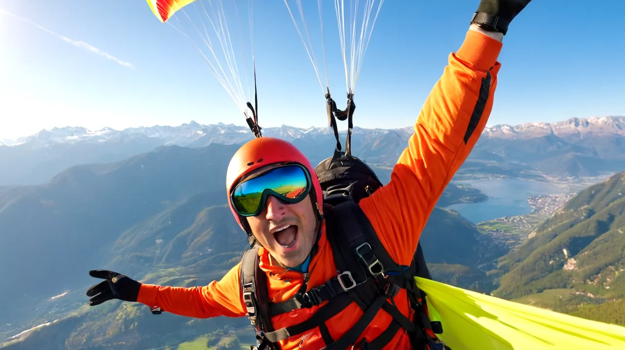Un jeune adulte avec des jumelles, une aile de parapente colorée, ciel bleu ouvert, expressions enthousiastes, montagnes en arrière-plan, soleil levant au-dessus des pics, vent coulant à travers l'air, éloges sur le thème de l'aviation, certificat d'entraînement montré en évidence
