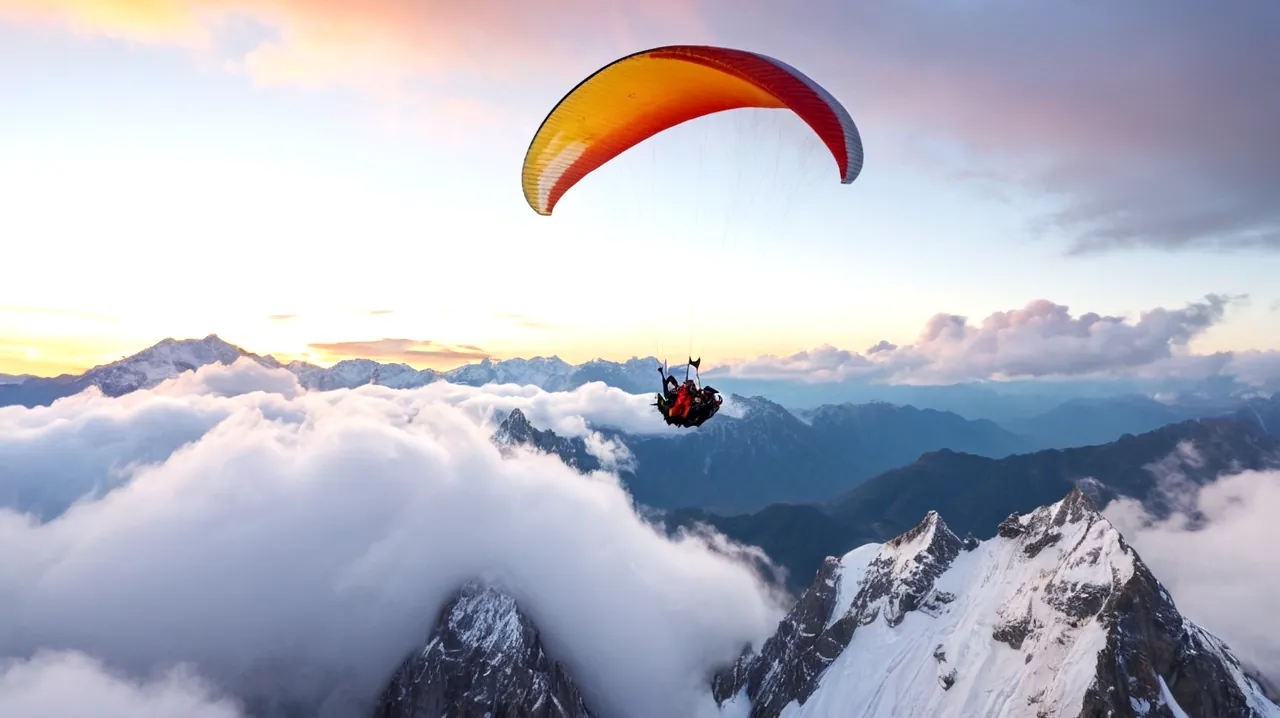 Des parapente remplis d'adrénaline s'élancent sur un fond de nuages balayés, un lever de soleil éclatant sur le terrain montagneux, une vue rapprochée de l'équipement complexe du pilote et des documents de brevet en main, un groupe de personnes diverses apprenant sous la direction d'instructeurs experts