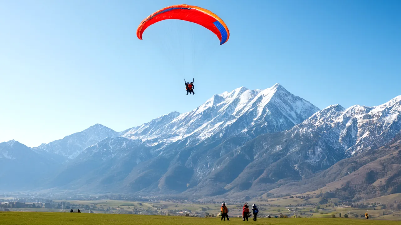 Au milieu d'un ciel clair, des pilotes enthousiastes en parachutes colorés s'envolent haut, des modèles complexes de cerfs-volants volants symbolisant des lignes de parapente, des images dynamiques captant diverses étapes d'apprentissage et de maîtrise des techniques de vol, divers paysages avec des montagnes et des champs ouverts suggérant de vastes espaces aériens