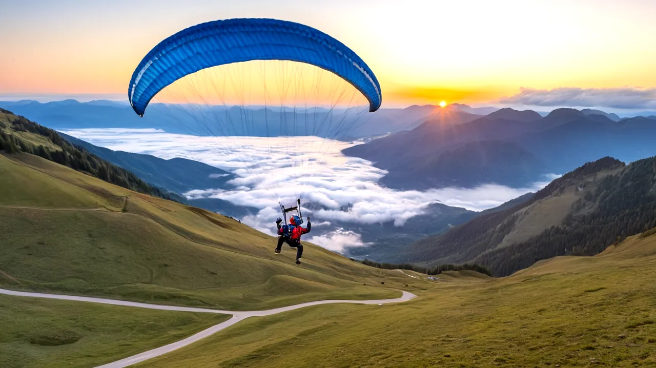 Parapente s'élevant au-dessus des nuages, couleurs vives de l'aube illumine le ciel, paysage grand-angle montrant des montagnes au loin, plan serein d'eau reflétant le lever du soleil, déterminé jeune personne regardant à un parachute, instructeur pointant vers une carte météorologique avec divers modèles de vent